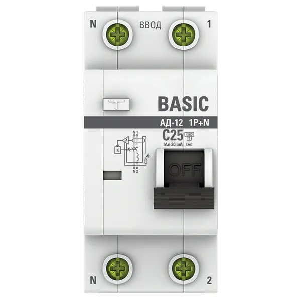 

Выключатель автоматический дифференциального тока EKF Basic АД-12, 1P+N, C, 25А, AC/30мА, электронный (DA12-25-30-bas), АД-12