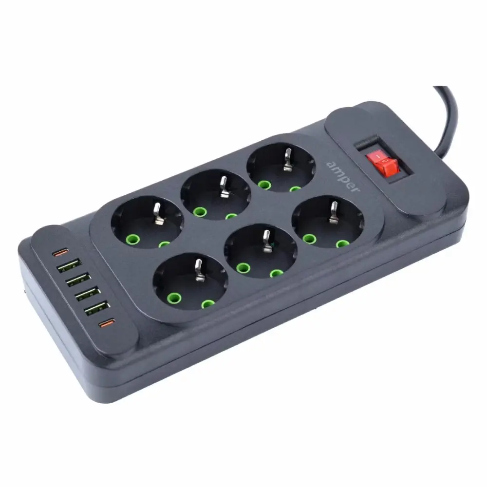 

Сетевой фильтр Amper, 6-розеток, 4xUSB, 2xUSB Type-C, 4 м, черный (JH-1076U-4B)