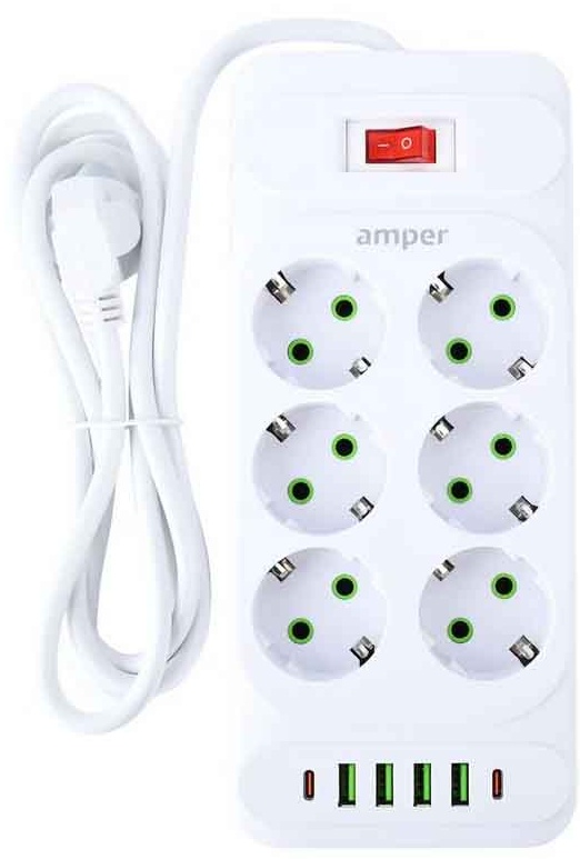 

Сетевой фильтр Amper, 6-розеток, 4xUSB, 2xUSB Type-C, 4 м, белый (JH-1076U-4W)