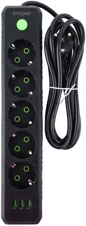

Сетевой фильтр Amper, 5-розеток, 3xUSB, 4 м, черный (JH-1033U-4B)