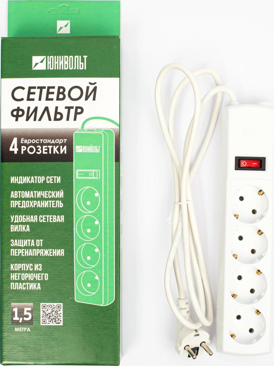 

Сетевой фильтр Юнивольт, 4-розетки, 1.5 м, белый (00-00000386), 00-00000386
