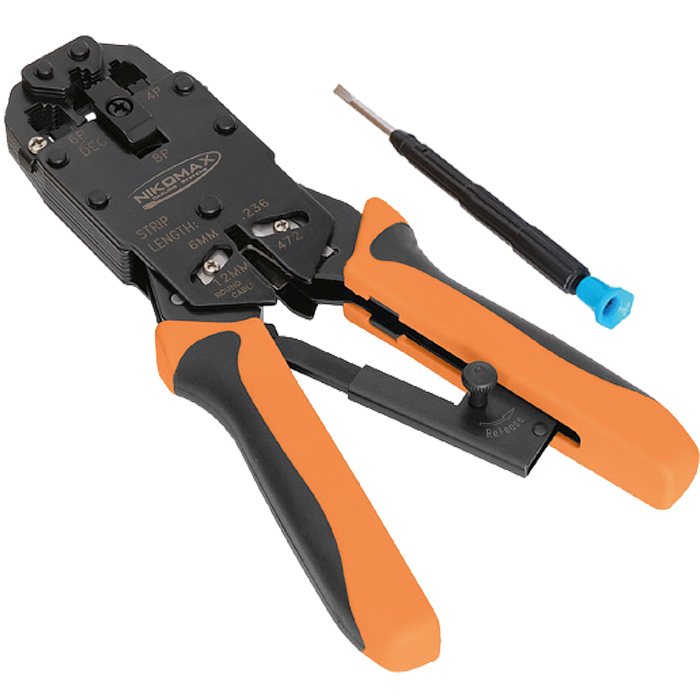

Клещи обжимные (кримпер) NIKOMAX, RJ45/8P8C, RJ12/6P6C, RJ11/6P4C, 4P4C, 4P2C, с храповым механизмом (NMC-2008AR)