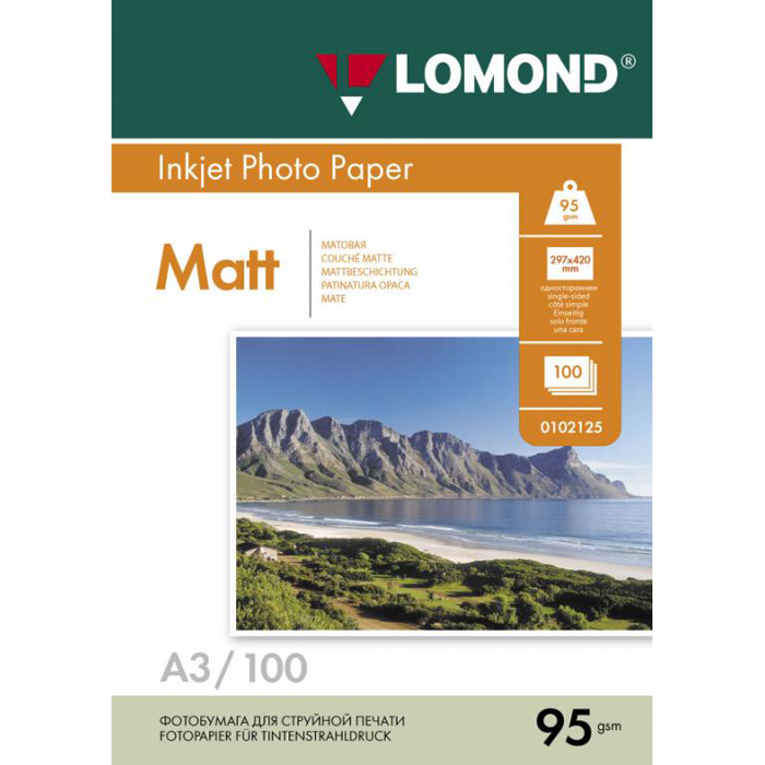 

Фотобумага A3 95 г/м² матовая, 100 листов, односторонняя, Lomond 0102129 для струйной печати, Белый