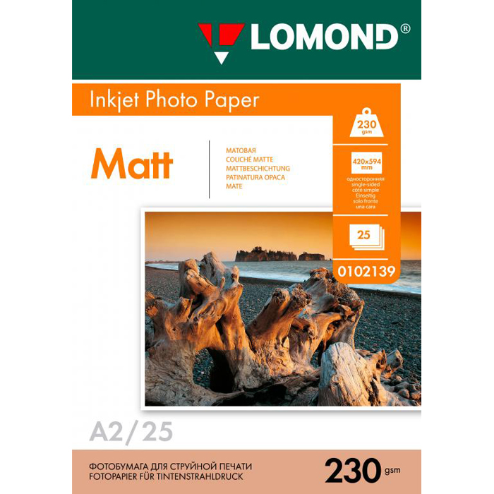 

Бумага Lomond матовая односторонняя, А2, 230 г/м2, 25 л (0102139), Белый