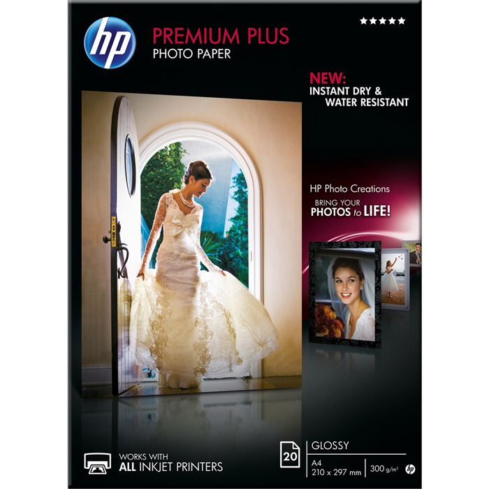 

Фотобумага A4 300 г/м² глянцевая, 20 листов, односторонняя, HP Premium Plus/CR672A для струйной печати, Белый, Premium Plus