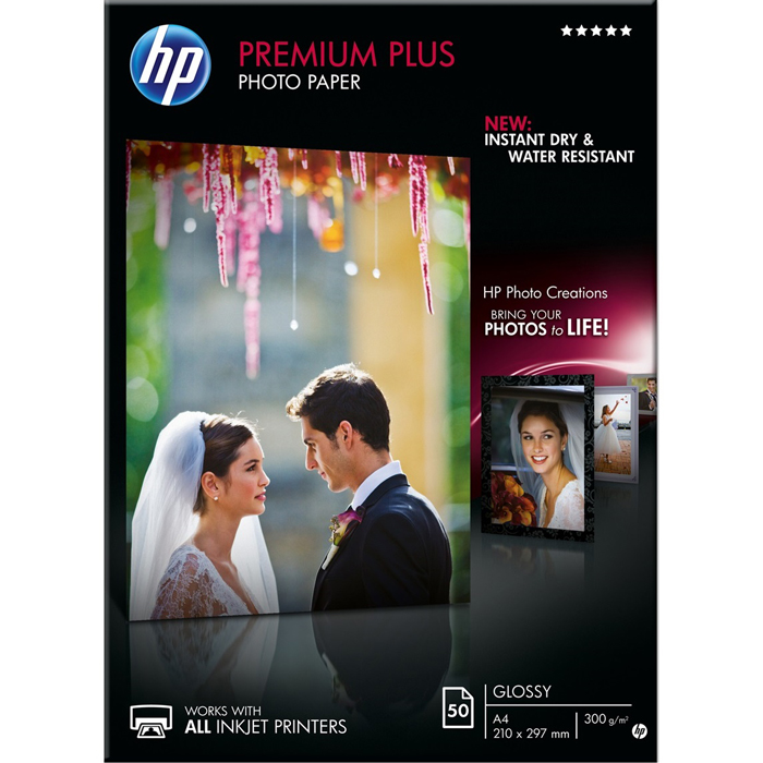 

Фотобумага A4 300г/м2 глянцевая, 50 листов, односторонняя, HP Premium Plus для струйной печати (CR674A), Белый, Premium Plus