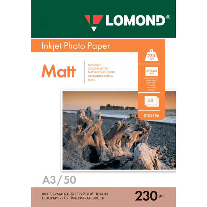 

Фотобумага A3 230 г/м² матовая, 50 листов, односторонняя, Lomond 0102156 для струйной печати, Белый