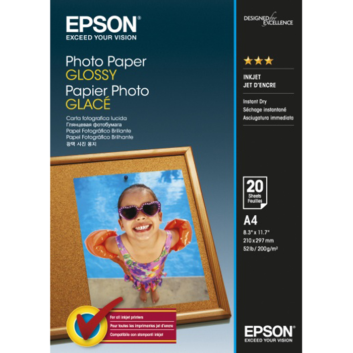 Фотобумага A4 200г/м2 глянцевая, 20 листов, односторонняя, Epson S042538/C13S042538 для струйной печати, цвет белый - фото 1