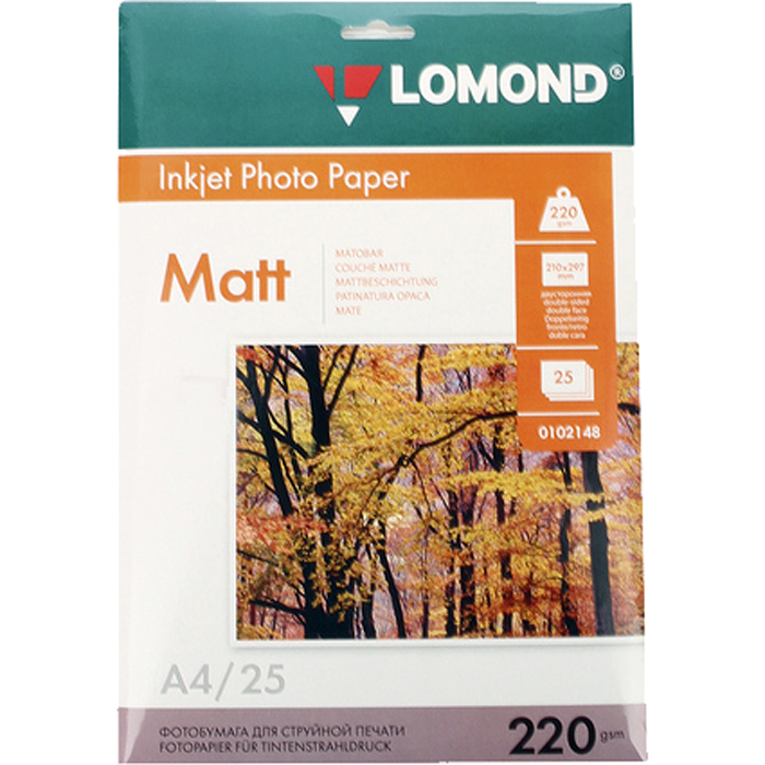 Фотобумага A4 220г/м2 матовая, 25 листов, двусторонняя, Lomond 0102148 для струйной печати, цвет белый - фото 1