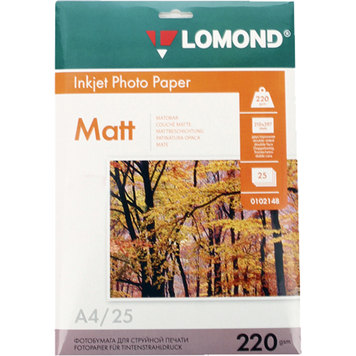 

Фотобумага A4 220 г/м² матовая, 25 листов, двусторонняя, Lomond 0102148 для струйной печати, Белый