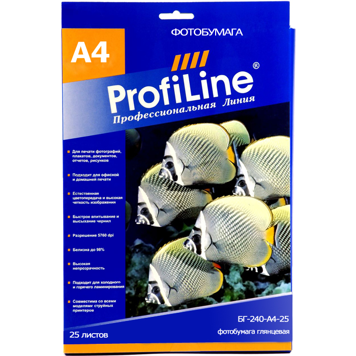 

Фотобумага A4 240 г/м² глянцевая, 25 листов, односторонняя, ProfiLine БГ-240-А4-25 для струйной печати, Белый