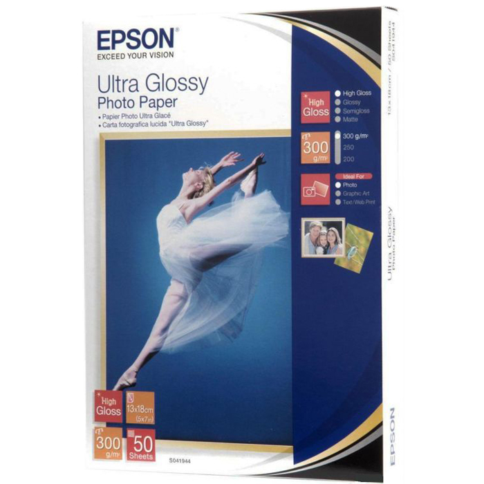 

Фотобумага 13x18 300г/м2 глянцевая, 50 листов, односторонняя, Epson S041944/C13S041944 для струйной печати, Белый, S041944