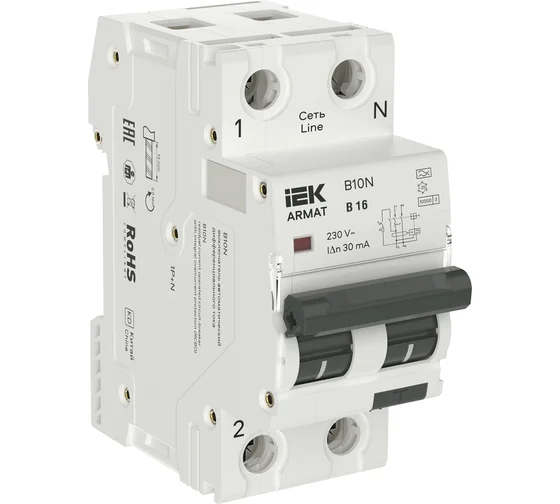 Выключатель дифференциальный (УЗО) B10N, 1P+N, 16А, 30мА, тип A, IEK