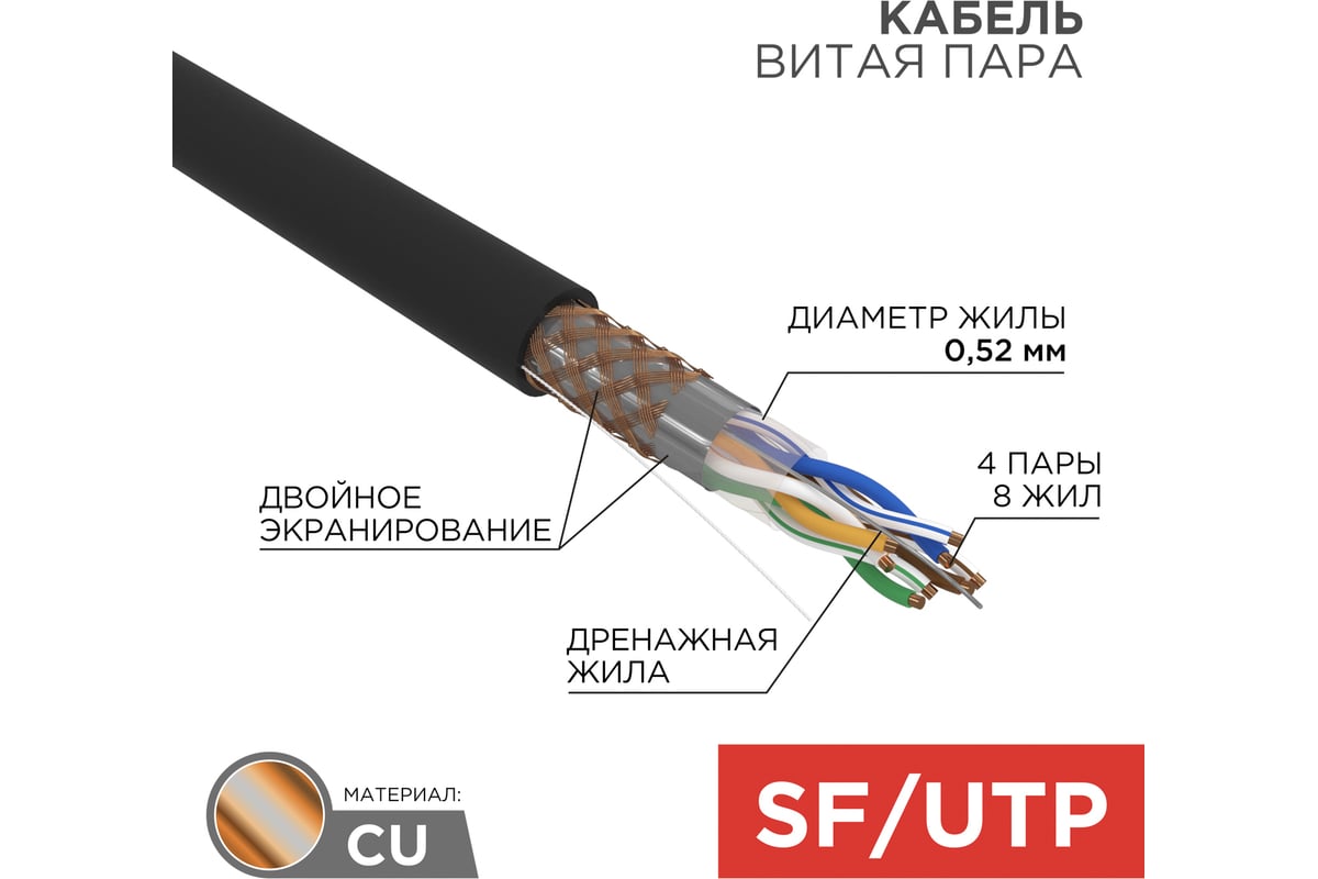 

Витая пара SFTP кат.5e, 4 пары, CU, 0.52 мм, 305м., внешний, одножильный, PE, черный, REXANT (01-0344)