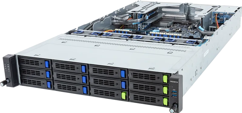 Серверная платформа Gigabyte R283-S91-AAJ1, 2xSocket4677, 32xDDR5, 12x2.5/3.5 HDD HS, Redundant 2x2000 Вт 2U (6NR283S91DR000ABJ1)