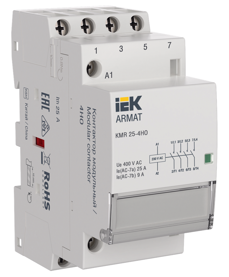 Контактор модульный 25А 400 В/230 В, AC, 4НО, IEK KMR