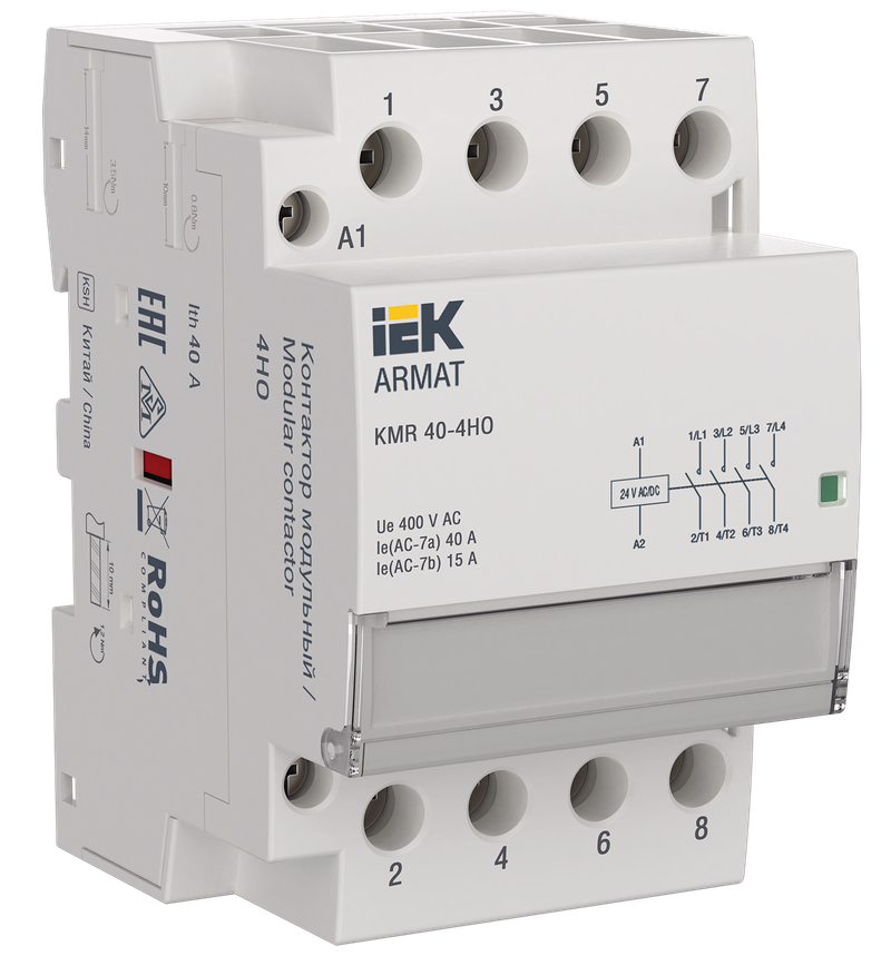 Контактор модульный 40А 400 В/24 В, AC, 4НО, IEK KMR