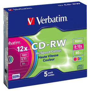 

Диск Verbatim CD-RW, 700Mb, 12x, Slim Case, 5шт (43167)