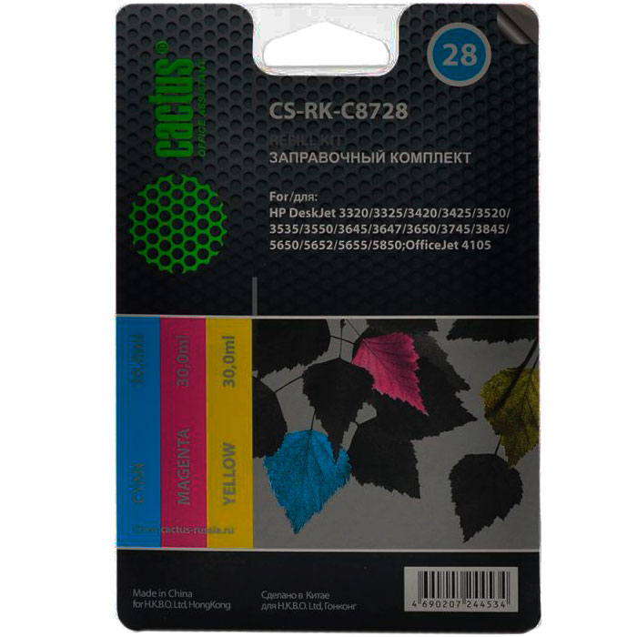 

Заправочный набор струйный Cactus CS-RK-C8728, 3x30мл, голубой/ пурпурный/ желтый для DJ 3320, 3325, 3420, 3425, 3520, 3535, 3550, 3645, 3647, 3650, 3745, 3845, 5650, 5652, 5655, 5850; OJ 4105 (C8728) совместимый, CS-RK-C8728