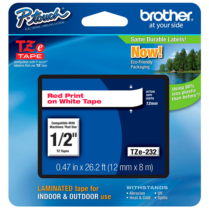 Кассета с наклейками Brother TZE232, 1.2 см x 8 м, красный на белом