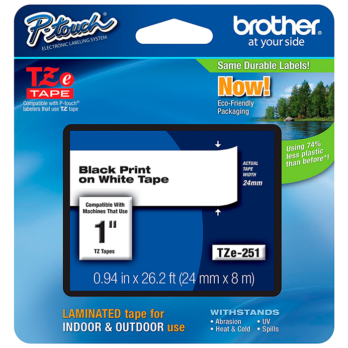 Кассета с наклейками Brother TZE251, 2.4 см x 8 м, черный на белом