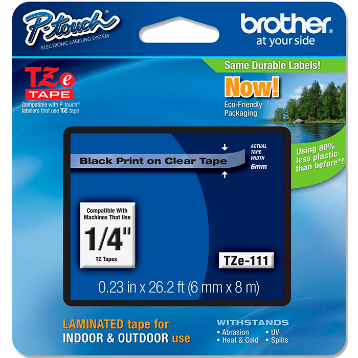 Кассета с наклейками Brother TZE111, 6 мм x 8 м, черный на прозрачном