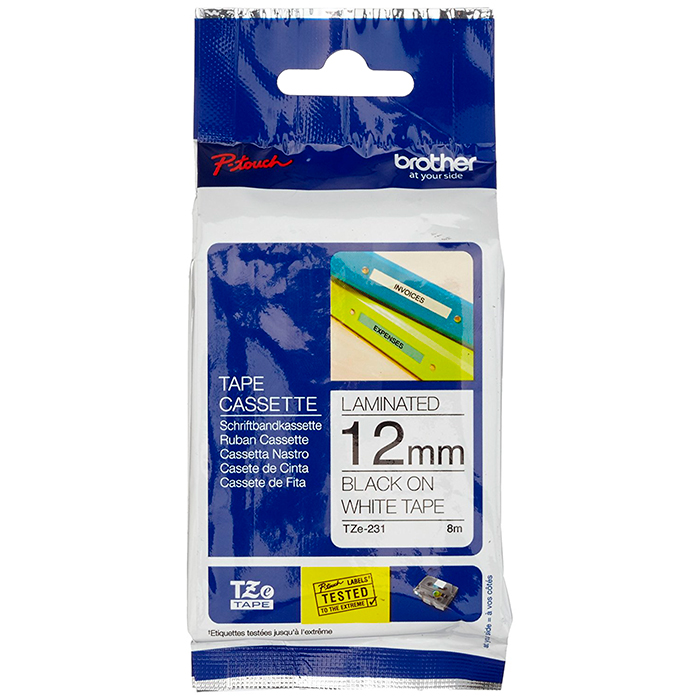 Кассета с наклейками Brother TZE231, 1.2 см x 8 м, черный на белом