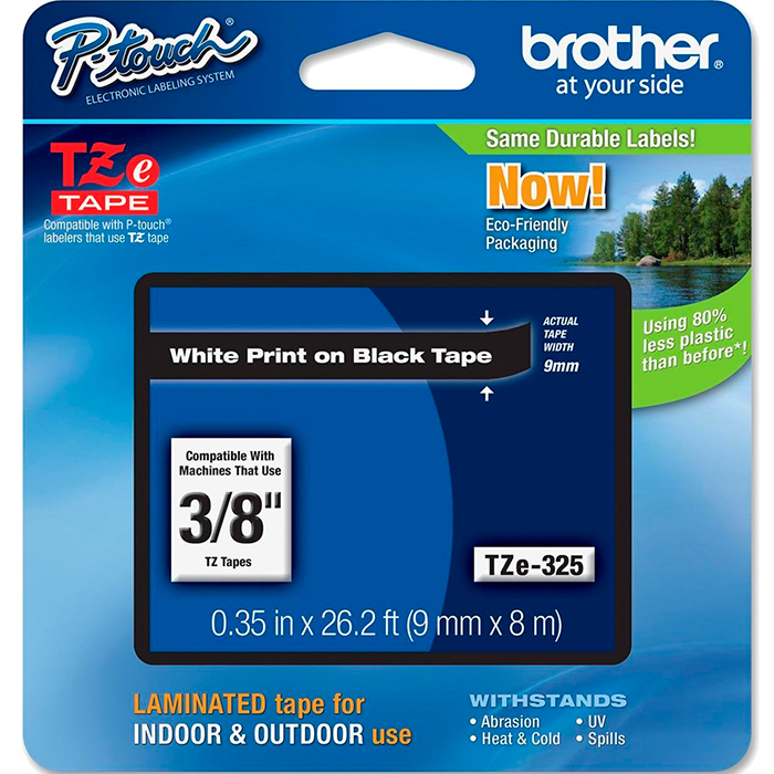 Кассета с наклейками Brother TZE325, 9 мм x 8 м, белый на черном, оригинальная