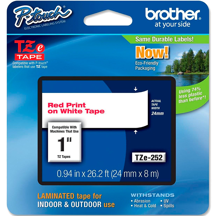 

Кассета с наклейками Brother TZE252, 2.4 см x 8 м, красный на белом, оригинальная, TZE252
