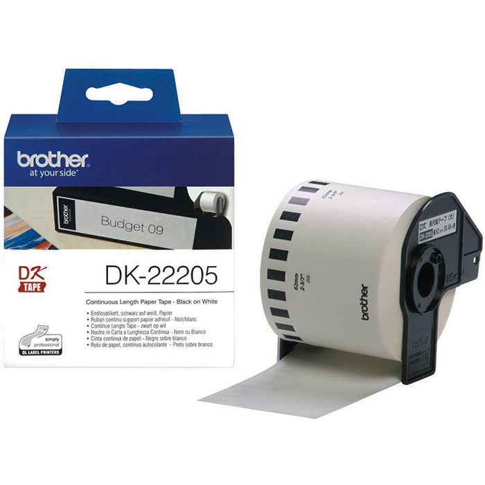 Кассета с наклейками Brother DK22205, 6.2 см x 30 м, черный на белом, оригинальная