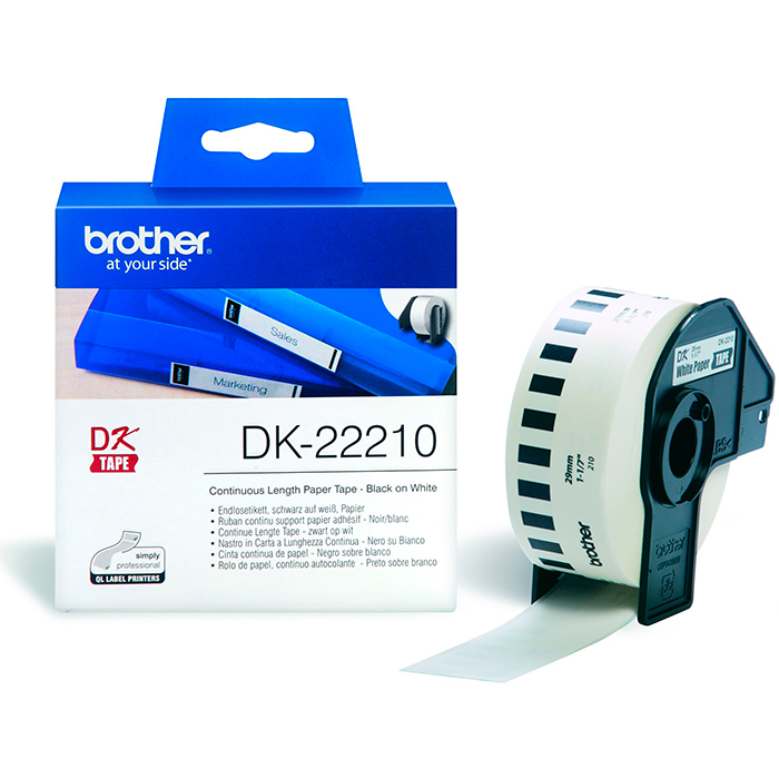 Кассета с наклейками Brother DK22210, 2.9 см x 30.48м, черный на белом, оригинальная