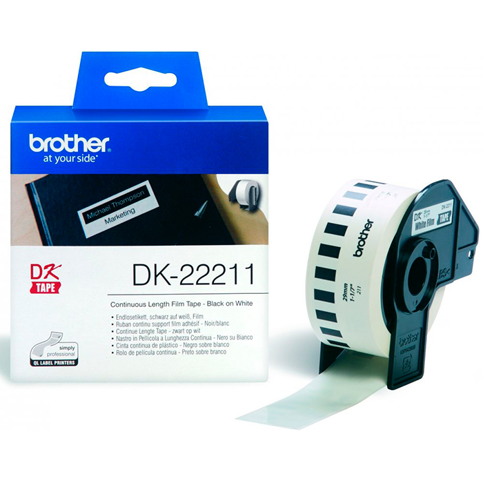 Кассета с наклейками Brother DK22211, 2.9 см x 15.24м, черный на белом, оригинальная