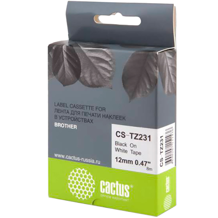 Кассета с наклейками Cactus CS-TZ231, 1.2 см x 8 м, черный на белом