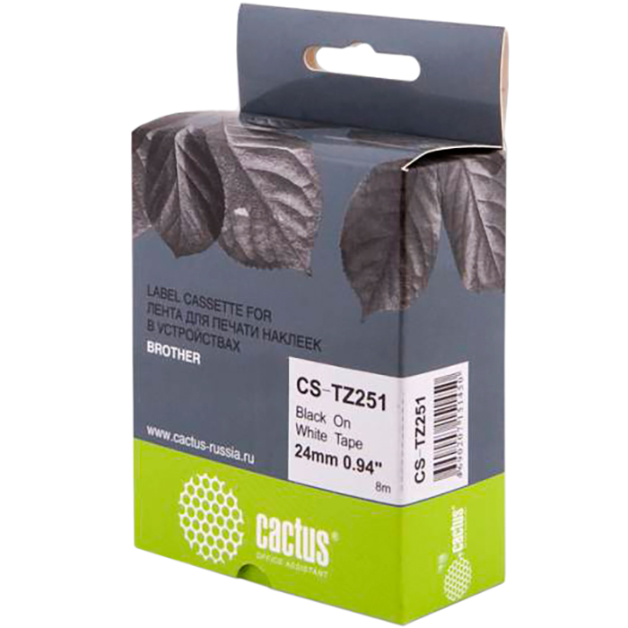 

Кассета с наклейками Cactus CS-TZ251, 2.4 см x 8 м, черный на белом, совместимая, CS-TZ251