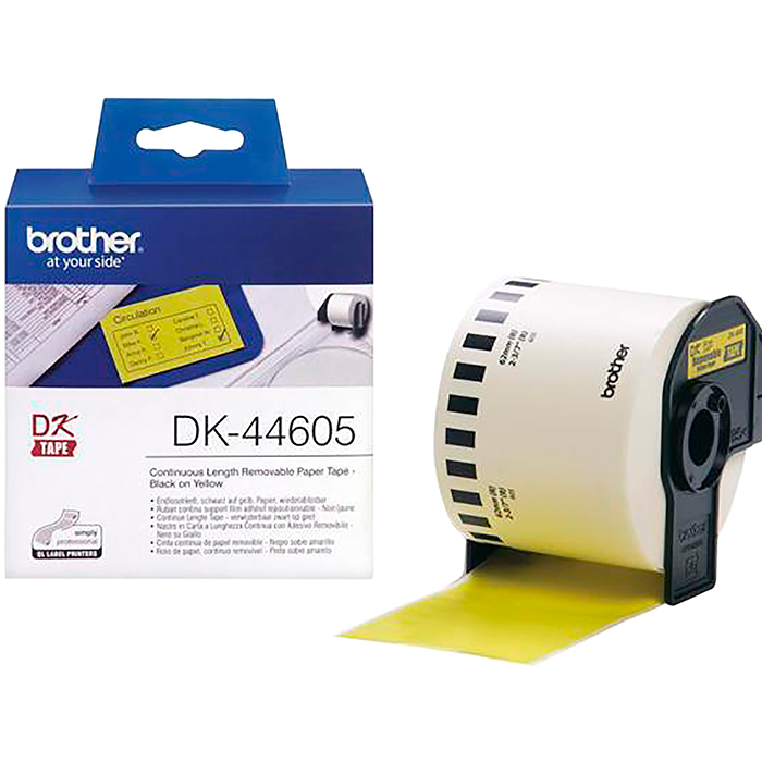 Кассета с наклейками Brother DK44605, 6.2 см x 30.48м, черный на желтом, оригинальная