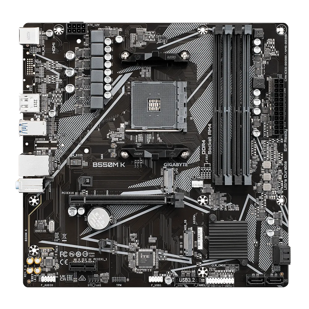 Материнская плата GIGABYTE B550M K, SocketAM4, AMD B550, 4xDDR4, PCI-Ex16, 4SATA3, 7.1-ch, GLAN, 6 USB 3.2, HDMI, DP, mATX, Retail б/у, без комплекта, следы использования