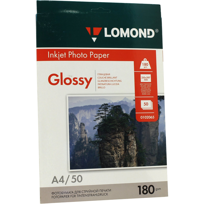 

Фотобумага A4 180 г/м² глянцевая, 50 листов, двусторонняя, Lomond 0102065 для струйной печати, Белый