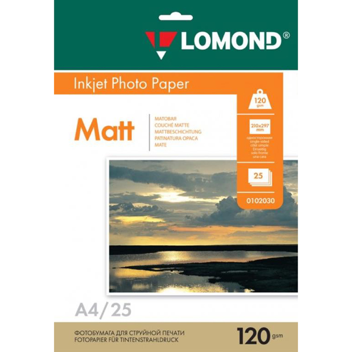 

Фотобумага A4 120 г/м² матовая, 25 листов, односторонняя, Lomond 0102030 для струйной печати, Белый