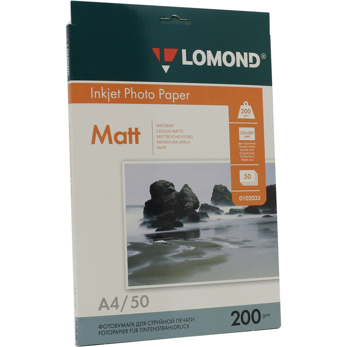 

Фотобумага A4 200 г/м² матовая, 50 листов, двусторонняя, Lomond 0102033 для струйной печати, Белый