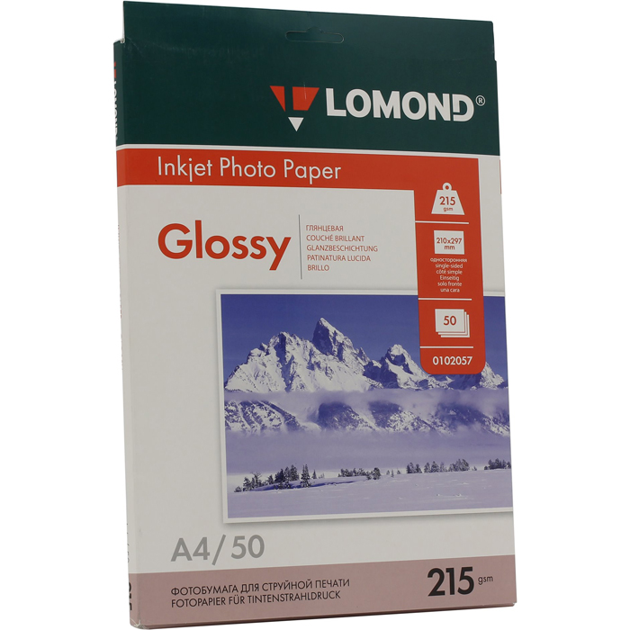

Фотобумага A4 215г/м2 глянцевая, 50 листов, односторонняя, Lomond 0102057 для струйной печати, Белый