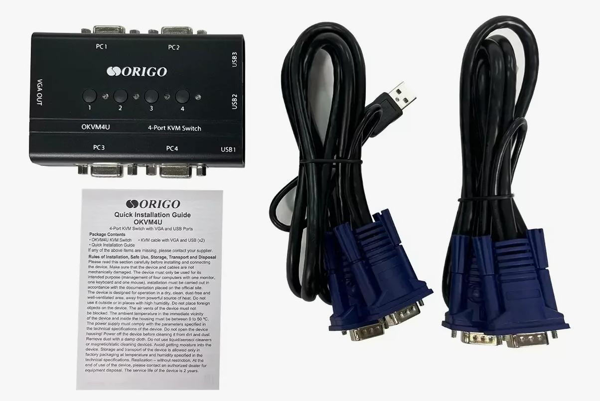 Переключатель KVM (КВМ) Origo OKVM4U, 4-ПК, VGA/USB до 2048x1536, клавиатура USB, мышь USB (OKVM4U/A1A) б/у, причина уценки - новый, отсутствует боковой винт на разъеме, полный комплект