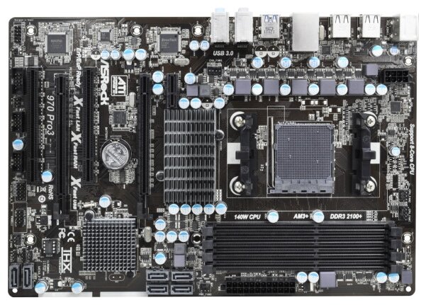Материнская плата ASRock 970 Pro3, SocketAM3+, AMD 970, 4DDR3, 2PCI-Ex16, 6SATA3, 7.1-ch, 4USB 3.0, ATX, Retail б/у