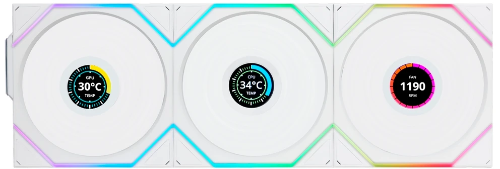 Комплект реверсивных вентиляторов Lian Li UNI Fan UNI Fan TL Wireless LCD 120 Reverse Blade White, 120 мм, 3шт (G99.12RTLLCD1W3W.R0)