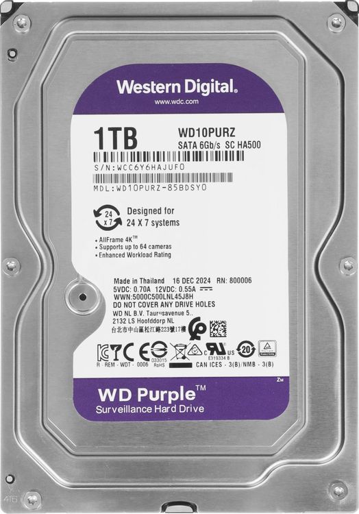 Жесткий диск (HDD) Western Digital 1Tb Purple, 3.5", 5400rpm, 64Mb, SATA3 (WD10PURZ) б/у, следы эксплуатации