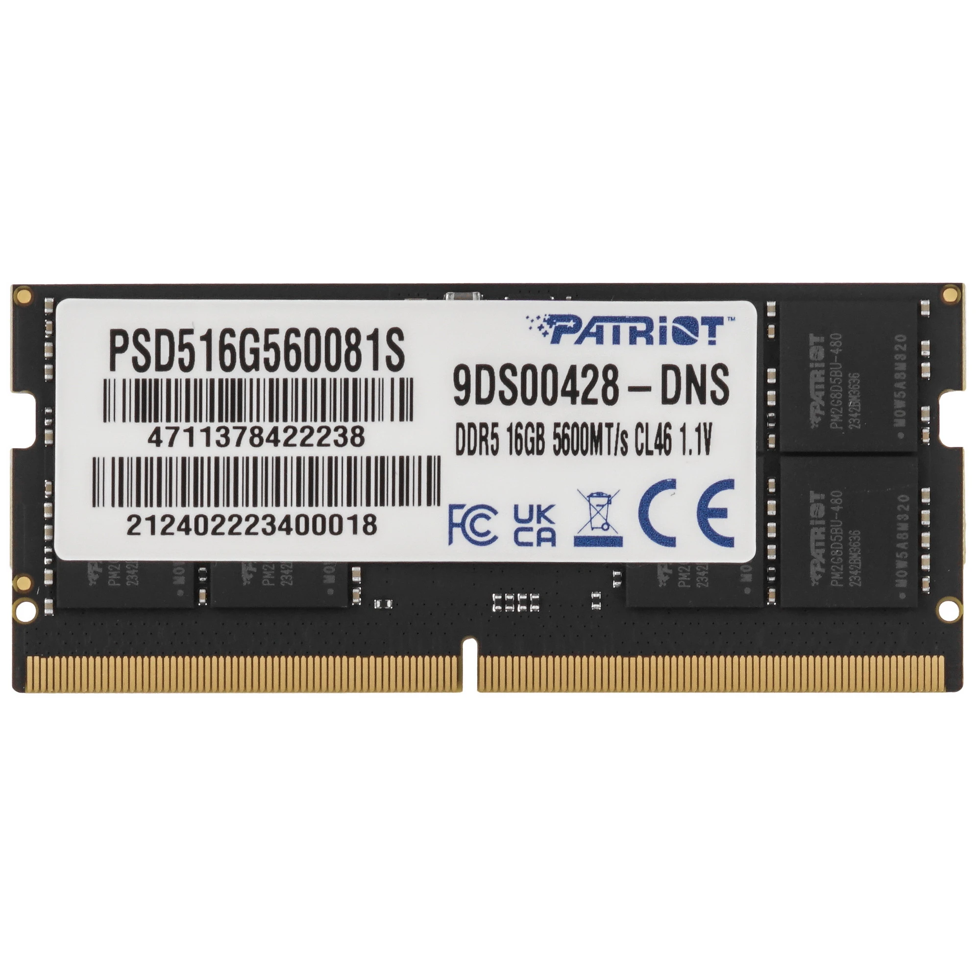 

Память DDR5 SODIMM 16Gb, 5600MHz, CL46, 1.1V, Patriot Memory Signature Line (PSD516G560081S) Retail, PSD516G560081S