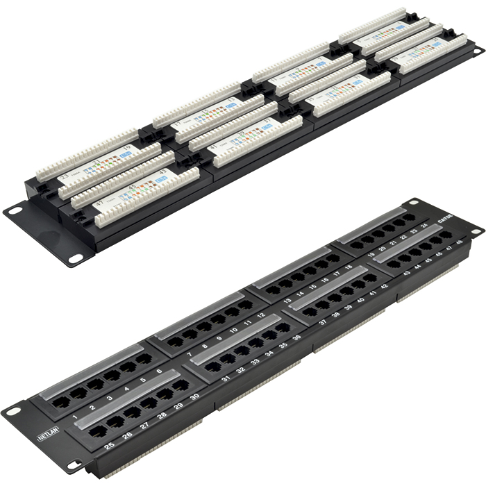 Патч-панель в шкаф 19" 2U, порты: 48xRJ-45 кат. 5e, NETLAN EC-URP-48-UD2