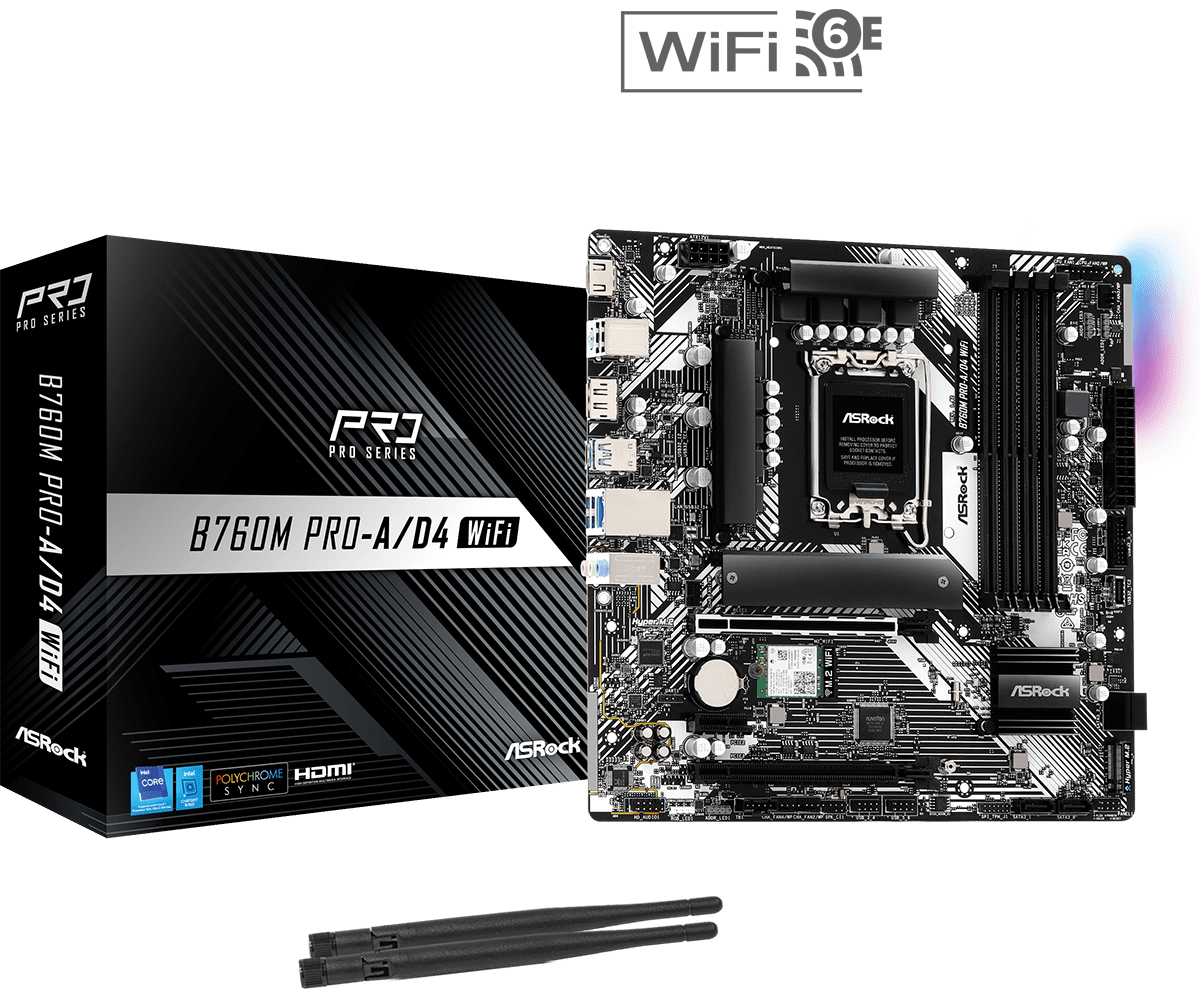 Материнская плата ASRock B760M PRO-A/D4 WIFI, Socket1700, Intel B760, mATX