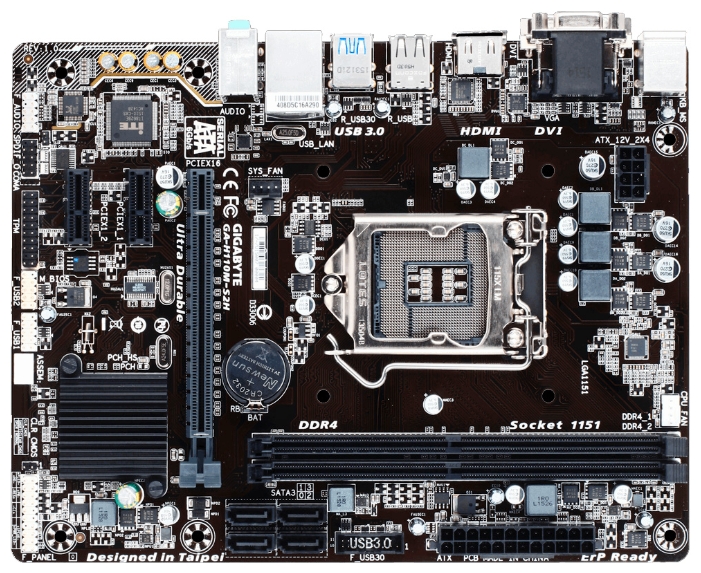 Материнская плата GIGABYTE GA-H110M-S2H, Socket1151, iH110, 2xDDR4, PCI-Ex16, 4SATA3, 7.1-ch, GLAN, 4USB 3.0, VGA, DVI, HDMI, mATX, Retail б/у, с внутреннего использования, следы монтажа, в комплекте отсутствует задняя планка в корпус