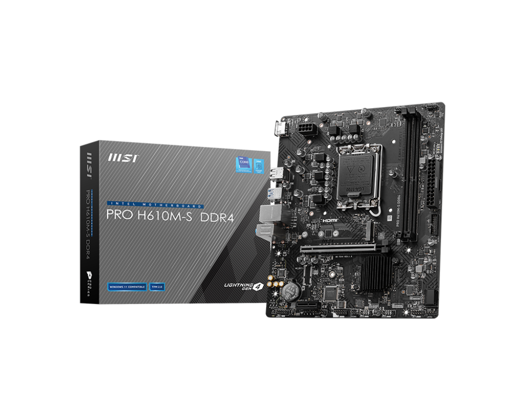 Материнская плата MSI PRO H610M-S DDR4, Socket1700, Intel H610, 2xDDR4, PCI-Ex16, 4SATA3, 7.1-ch, GLAN, 4 USB 3.2, HDMI, mATX, Retail б/у, следы монтажа, вскрыта упаковка от материнской платы, полный комплект