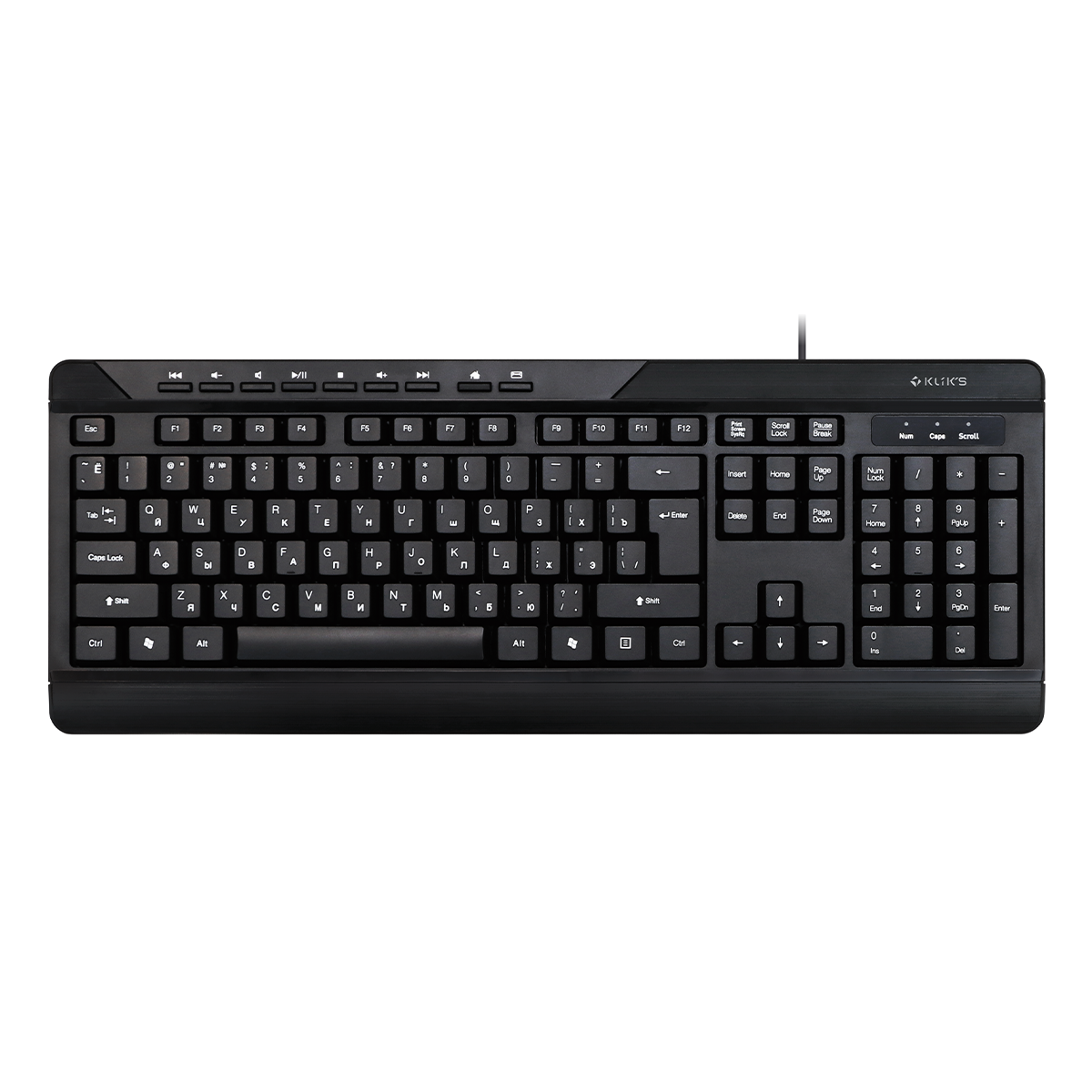 Клавиатура проводная КЛИКС (KLIKS) 201K, мембранная, USB, черный (LW-201K) б/у, не была в эксплуатации, повреждена упаковка, трещина и деформация корпуса на верхней стороне, полный комплект